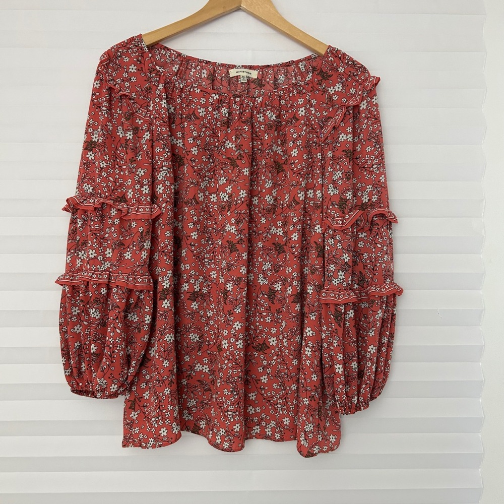 Max Studio Womens Rust Floral Ruffle Sleeve Peasant Blouse Top M Boho A711077